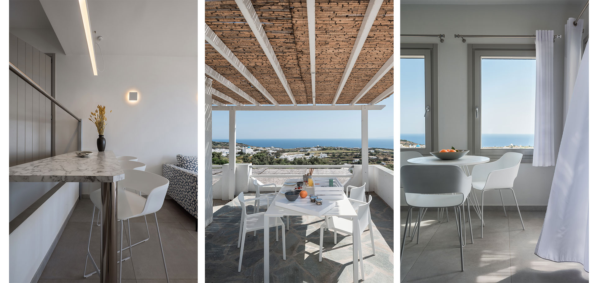 The view and the interior of the Executive apartment in Sifnos